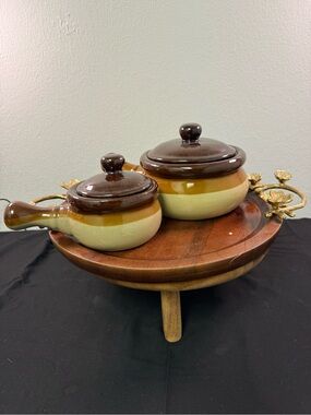 Vintage 2-Tone Glazed Stoneware Handeld Soupbowl and Lidded Crock
